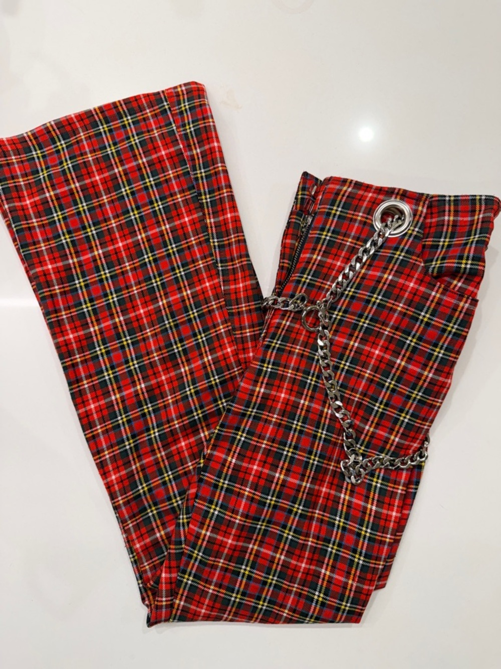 Miaou Red Tartan Ankle Pants with Chain Detail